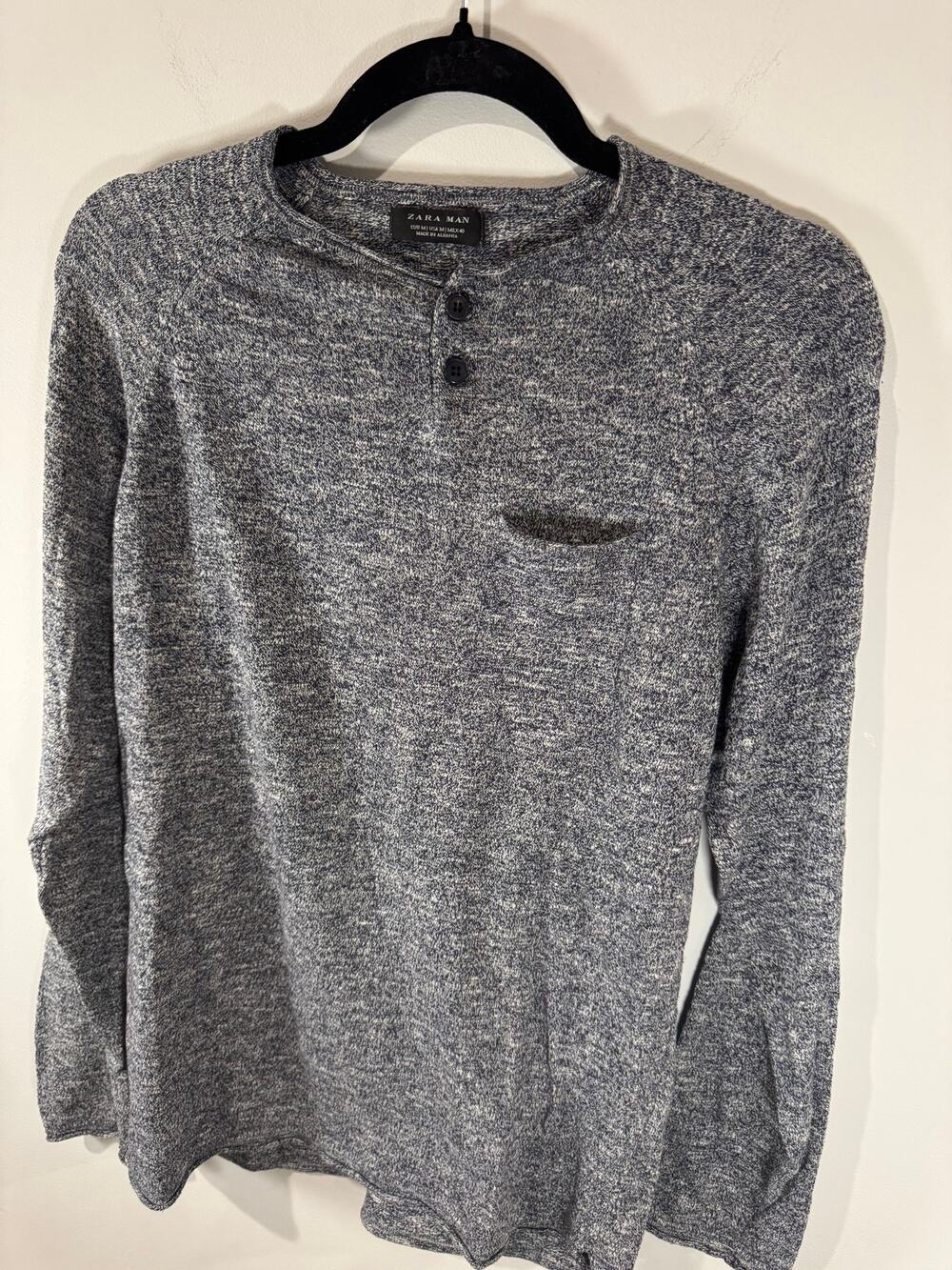 ZARA Man Heathered Blue Long Sleeve Henley Shirt Size M – Soft Knit Casual Top